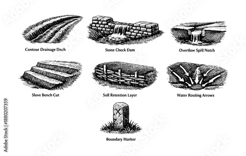 Illustrations of erosion control techniques: drainage, spill notch, and boundary marker