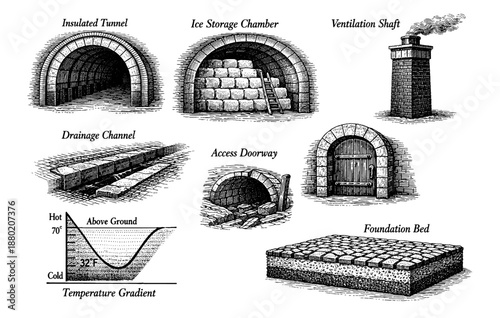 Ancient ice storage methods and structures with insulated tunnels and ventilation