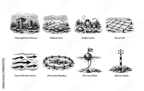 Underwater archaeological features and markers illustrations