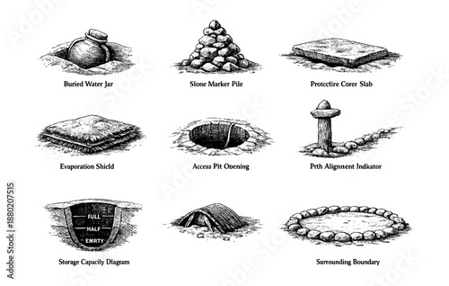 Ancient archaeological artifacts drawings: water jar, marker pile, core slab, evaporation shield, access pit, alignment indicator