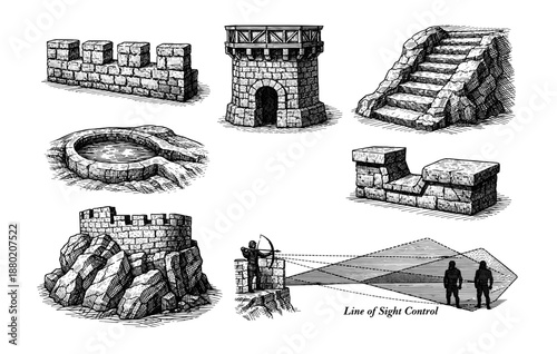 Medieval fortifications and archer in black and white drawings