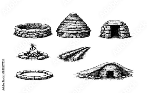 Ancient stone structures and primitive fire pit illustrations