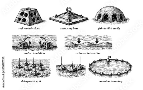 Marine habitat structures: designs for reef restoration and sediment management