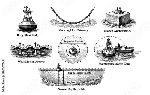 Nautical diagrams illustrating buoy systems, wave motion, and depth measurement techniques