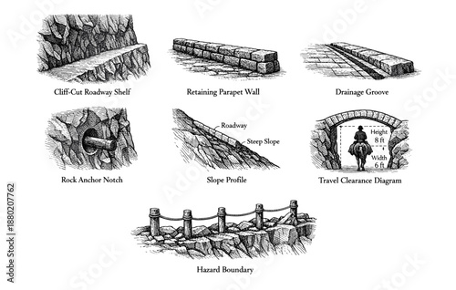 Engineering features: roadway shelf, parapet wall, and more in detailed diagrams