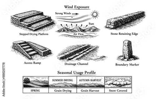 Detailed diagram illustrating traditional grain drying and storage techniques