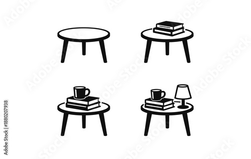 Minimalist side table variations with books, mug, and lamp
