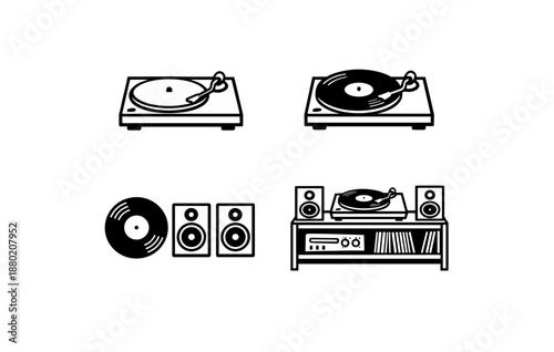 Retro turntable and vinyl music system icons with speakers