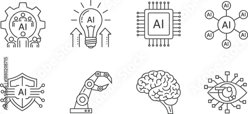 Artificial Intelligence Icon Set with AI Brain Robot Arm Circuit Board Eye Scanning Shield Protection Smart Idea and Machine Learning Automation
