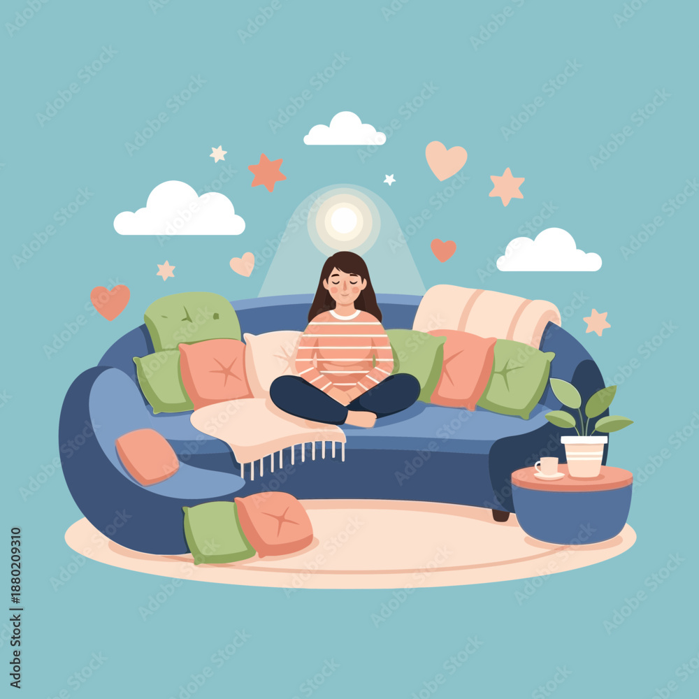 Obraz premium Woman meditating on sofa, peaceful home, mental wellness