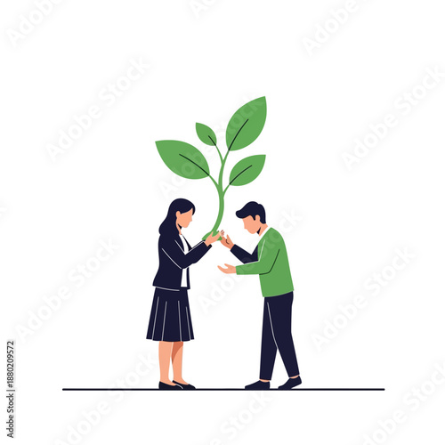 Business growth concept: two people nurturing a young plant