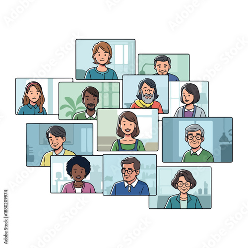 Diverse group of people participating in a virtual video conference call online.