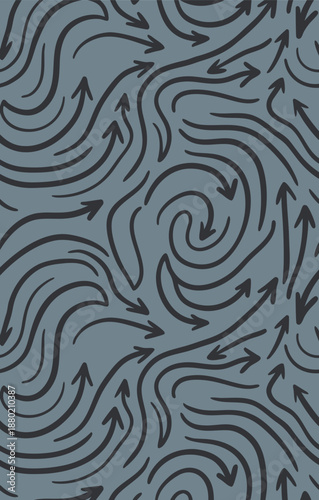Abstract pattern of swirling arrows on a grey background.