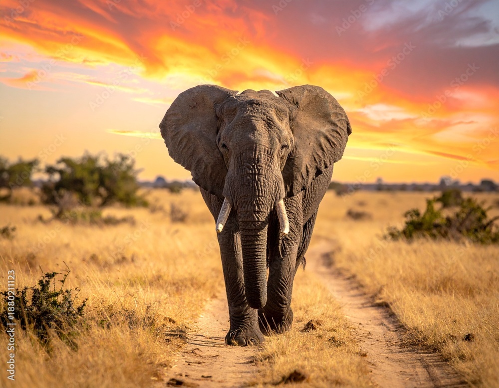Fototapeta premium Majestic elephant walking on a dirt path through a dry grassy field during sunset with vibrant orange and yellow clouds in the sky