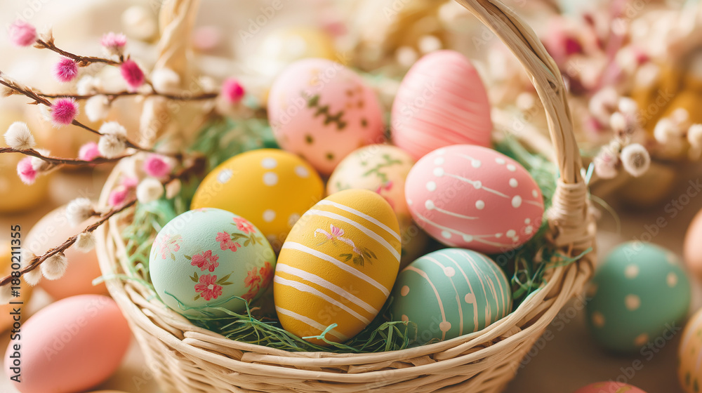 Fototapeta premium Beautiful Easter Basket Filled with Vibrant Hand-Painted Easter Eggs, Spring Holiday Concept