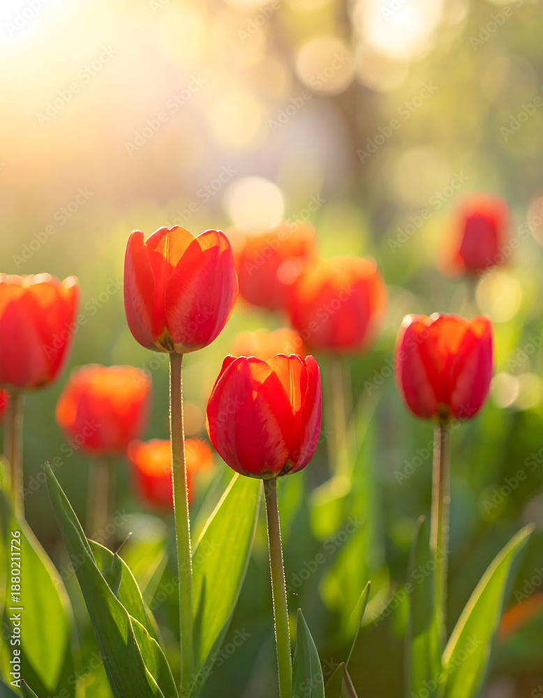 Fototapeta premium Bright Red Tulips in Sunlit Garden