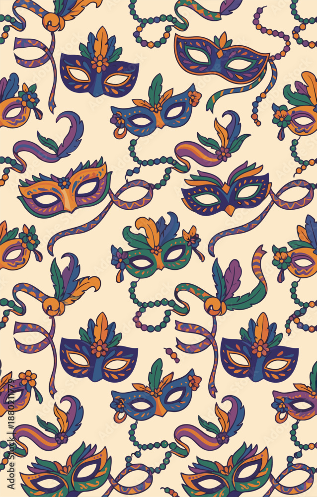Fototapeta premium Mardi Gras Carnival Masks and Beads Seamless Pattern.