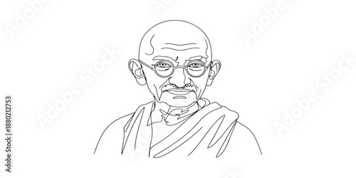 Minimal line art illustration of Mahatma Gandhi, an iconic leader of peace and nonviolence. The artwork emphasizes simplicity and expression