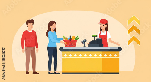 World Consumer Rights Day Customer purchasing groceries at supermarket checkout counter with cashier in retail store environment