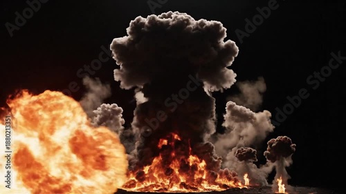 Dramatic explosion with fire and smoke in the dark night sky.