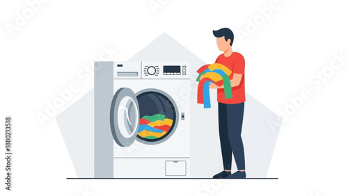 Vector flat Man loading the washer dryer with clothes