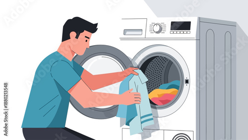 Vector flat Man loading the washer dryer with clothes