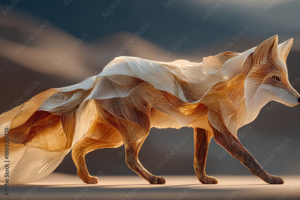 Fototapeta premium A surreal artistic depiction of a fox, rendered in flowing, translucent layers reminiscent of fabric, paper, or waves of light. 