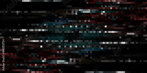 Tv glitch screen bg. Digital noise effect vhs background. Static pixel error video overlay. Abstract tape rewind hologram with destruction grain and scratch line. Green, blue and red graphic pattern