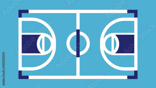 Flat vector illustration of a basketball court with key and free throw lines, representing a sports arena and athletic competition