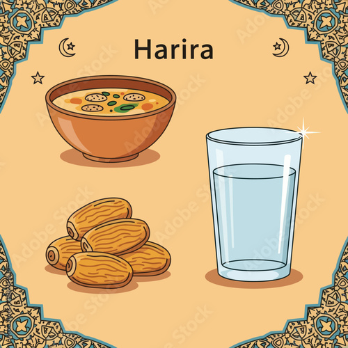 Traditional Harira Soup with Dates and Water Illustration.