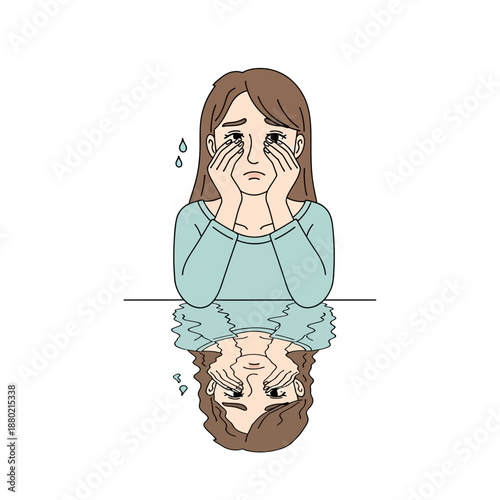 Woman crying, reflection in water, emotional distress illustration