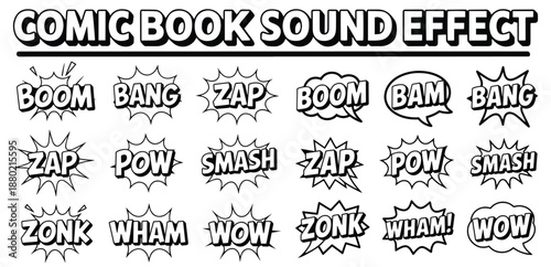Comic Book Sound Effect Speech Bubble Set with Boom Bang Zap Pow Smash Words Black and White Outline Vector Collection for Comics Education Marketing Stickers and Merchandise