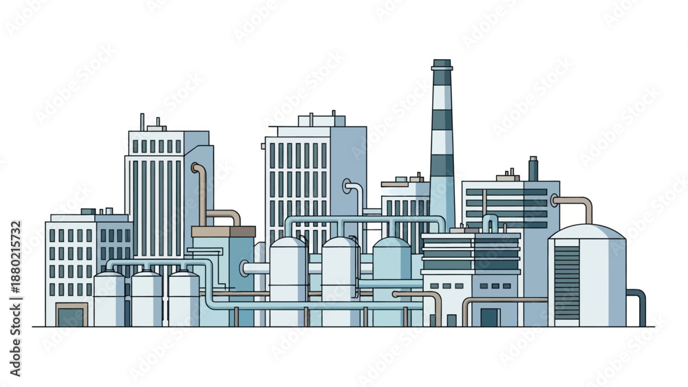 Obraz premium Modern industrial complex illustration. Line art depicting factory buildings, production facilities, storage tanks, and pipelines. Symbolizes manufacturing and urban infrastructure