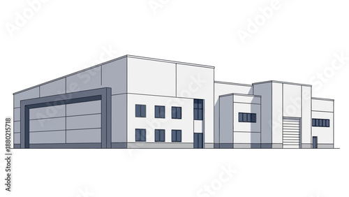 Modern industrial building vector illustration, a contemporary commercial warehouse and factory facility with large roller doors, perfect for showcasing logistics and manufacturing infrastructure