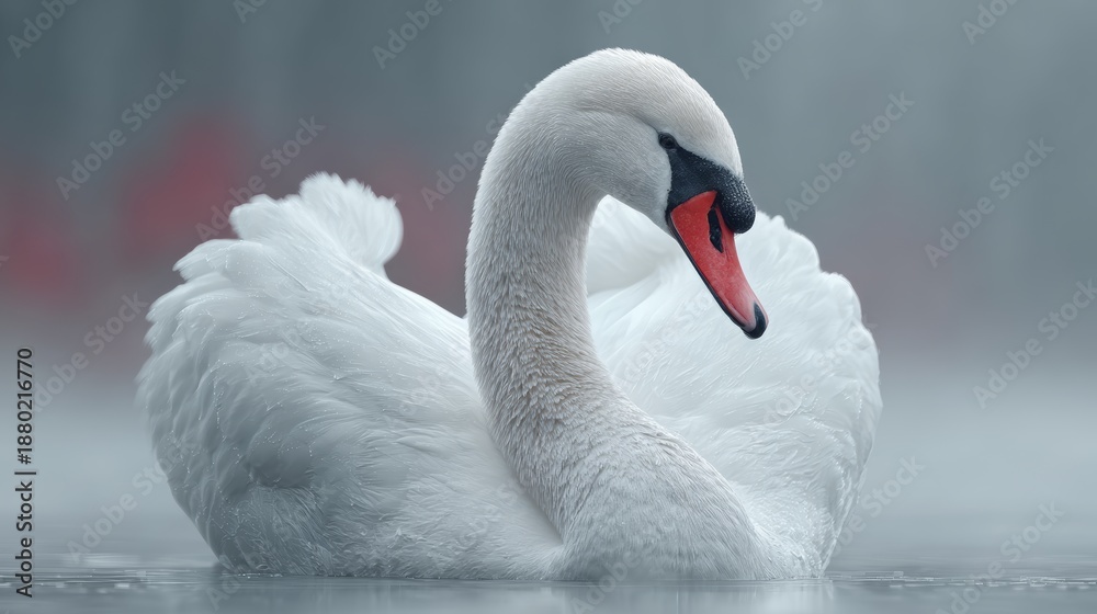 Obraz premium Swans display beauty and grace in soft daylight against a flowing Danish flag background with high detail and color contrast