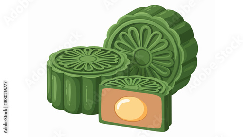 green mooncakes ornate floral pattern matcha pandan filling salted egg yolk Mid Autumn Festival pastry