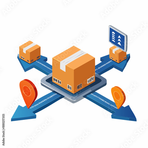 Drone delivery service with packages and navigation elements.