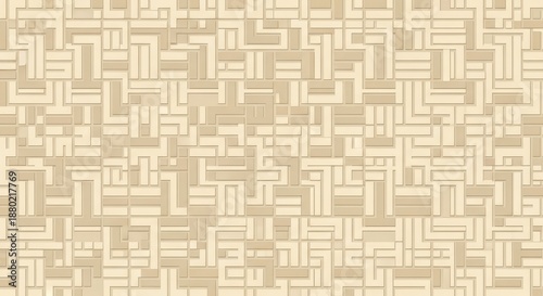 Seamless geometric pattern constructed from interlocking rectangular and L-shaped elements in subtle earth tones forms a complex background texture.