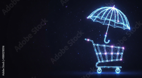 World Consumer Rights Day A futuristic glowing wireframe shopping cart protected by an umbrella, symbolizing e-commerce consumer safety, data protection, and secure transactions