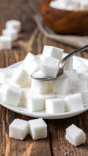 Sugar cubes piled on a white plate with a spoon, on a wooden surface with a bowl of sugar blurred behind