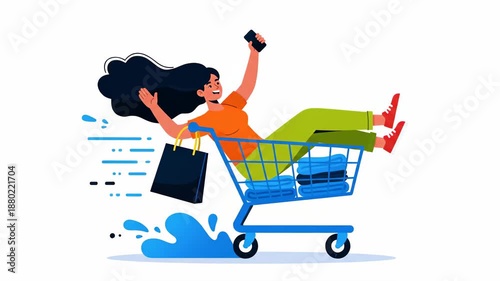 Excited Woman Riding Fast in Shopping Cart Holding Phone and Bag