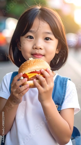 Girl with dark hair holds a burger; she wears a white shirt and jean jacket, smiling serenely into the camera