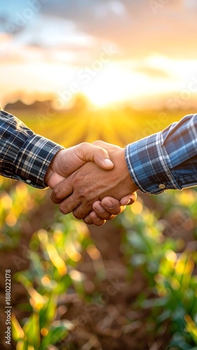Farmers sealing a deal with a handshake in a sunny field, promise of future growth and partnership