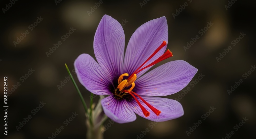 Fototapeta premium Vibrant purple saffron flower with bright orange stamens