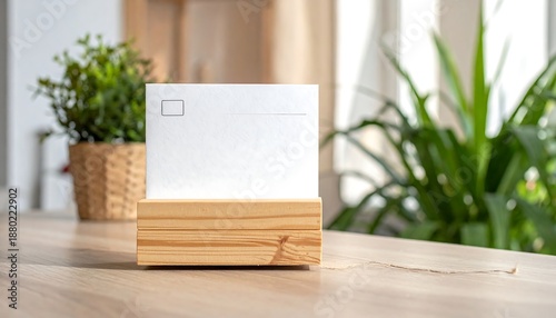 Blank white card held by a wooden block, set on a table with plants in the background