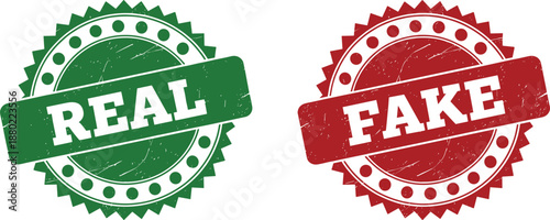 Green real and red fake rubber stamp icons with grunge texture isolated on white for verification and authenticity.
