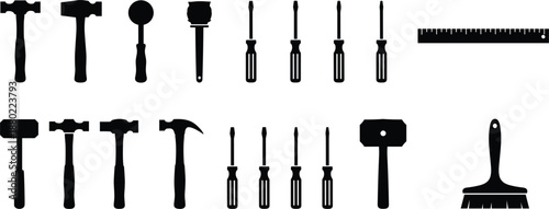 Large collection of hand tool silhouettes including hammers screwdrivers ruler and brush for construction carpentry and DIY projects.