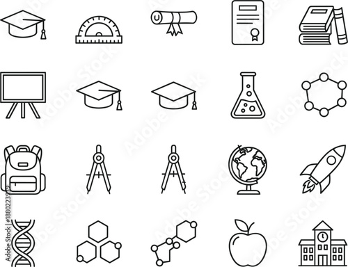 Comprehensive set of education line icons featuring graduation caps school supplies science equipment and academic symbols for learning.