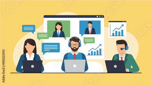 Online Customer Support Team Working Remotely | Virtual Assistant Service and Video Conference Illustration