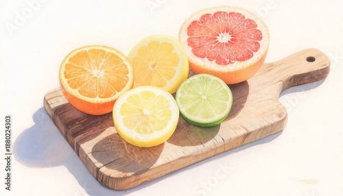 Sliced citrus fruits on wooden cutting board in bright lighting  